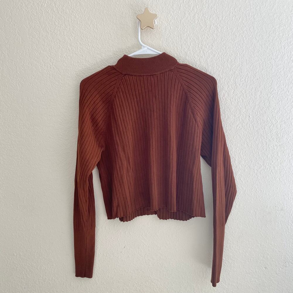Zara Brown Ribbed Knit Long Sleeve Mock Neck Button Back Sweater Size Small
